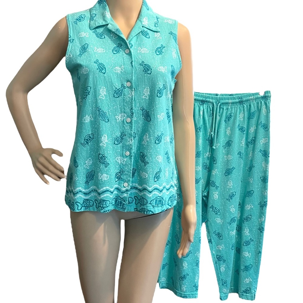 ON WHITE S M Cotton Knit 2 Piece Set Fish Mint Aqua Vacation Cruise Golf